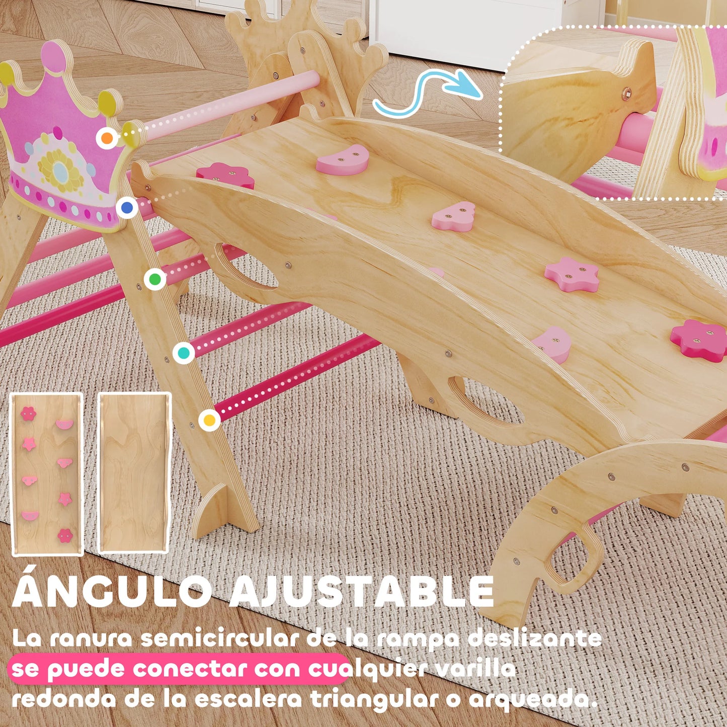 Triángulo Montessori de Madera 8 en 1 con Arco y Rampa – Rosa