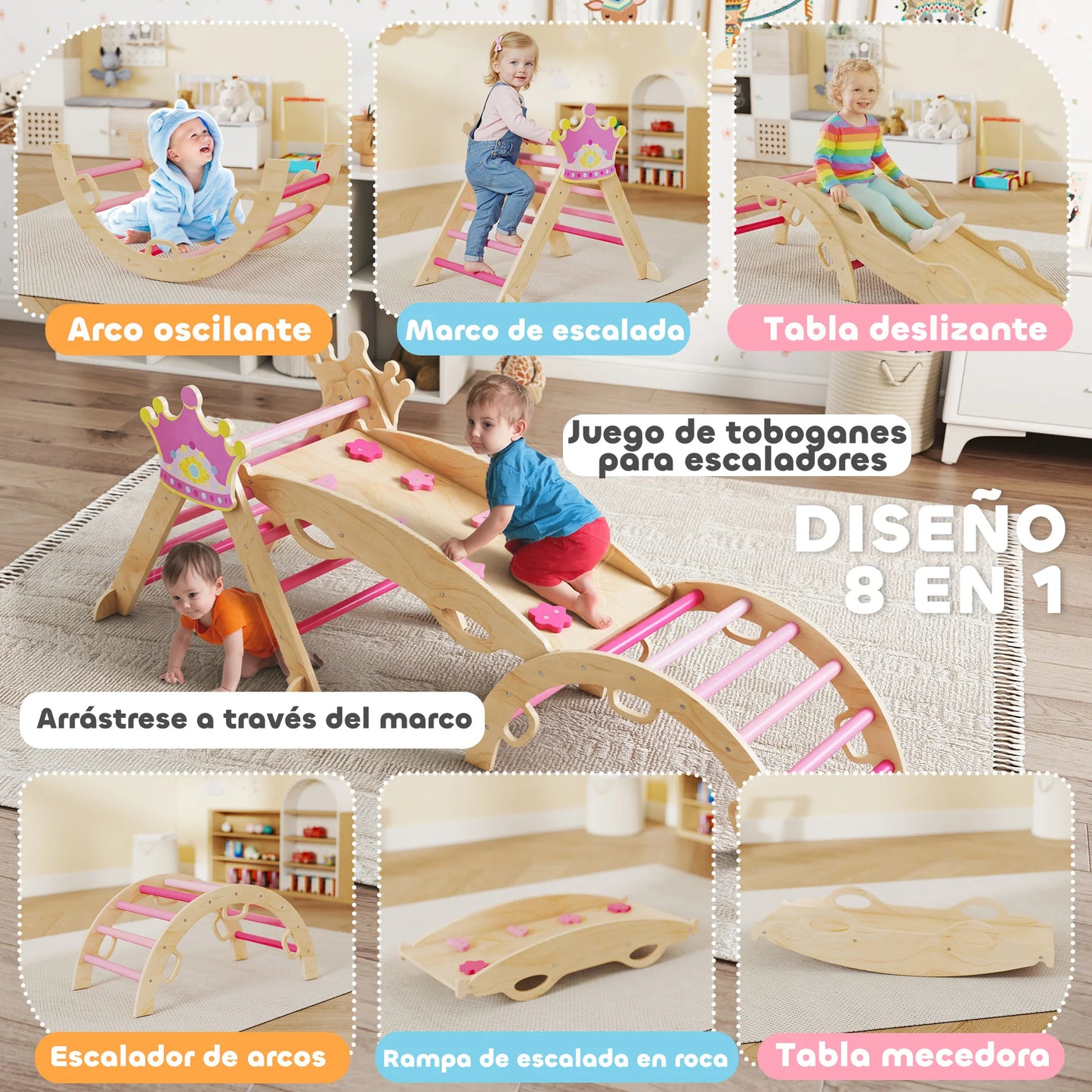 Triángulo Montessori de Madera 8 en 1 con Arco y Rampa – Rosa