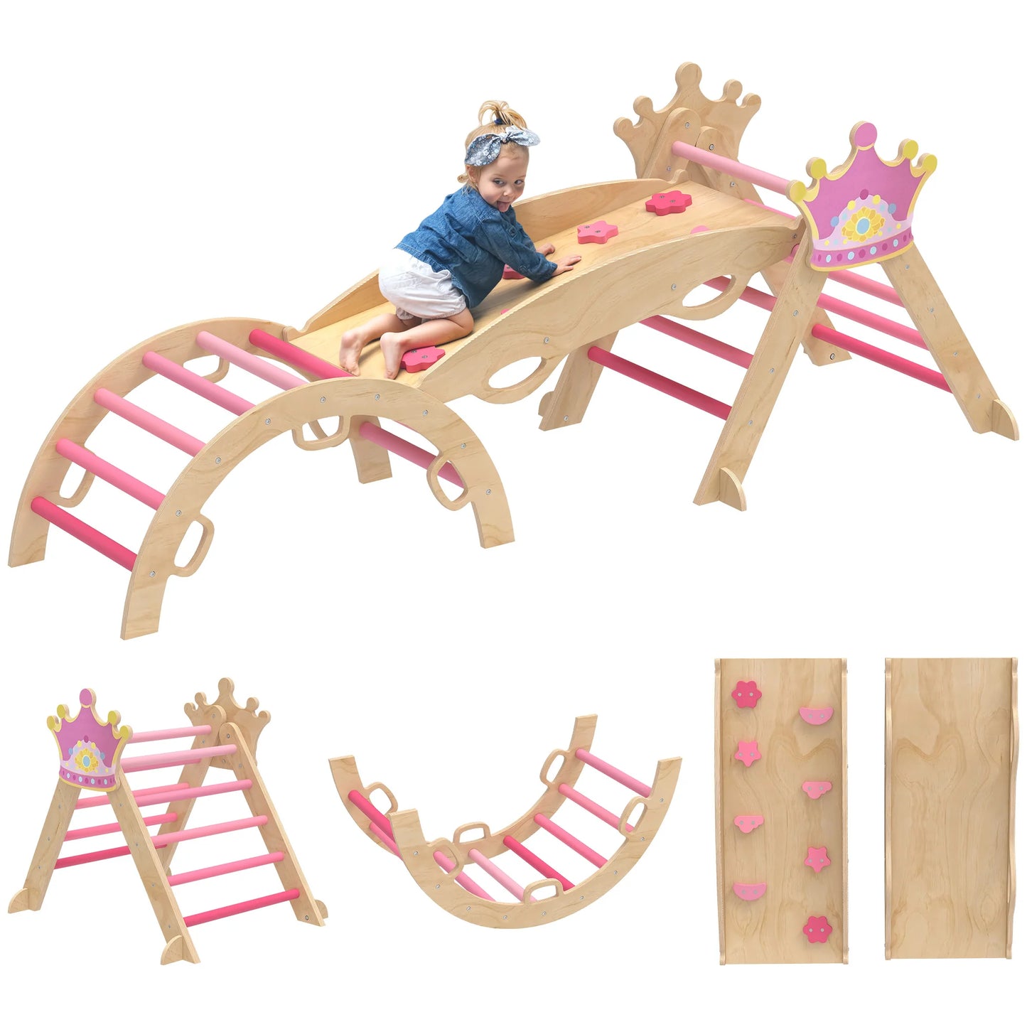 Triángulo Montessori de Madera 8 en 1 con Arco y Rampa – Rosa