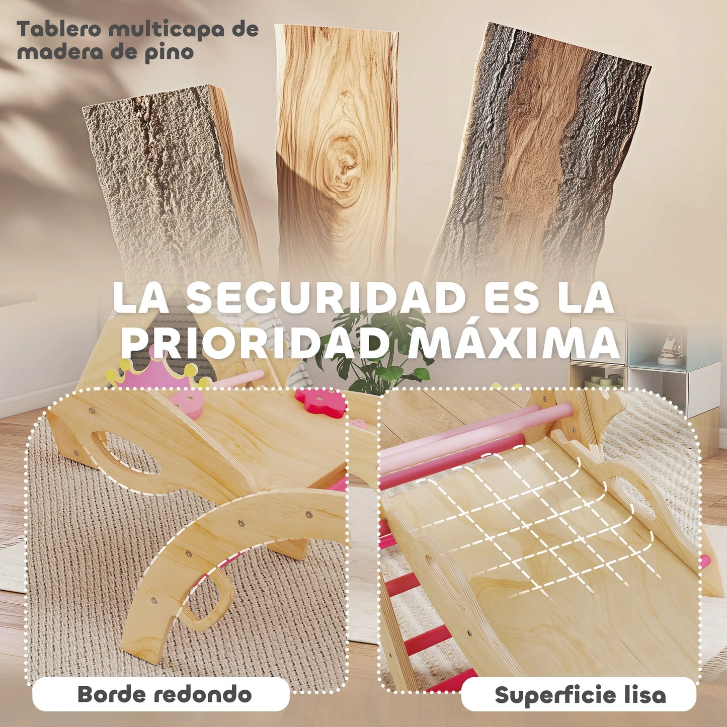 Triángulo Montessori de Madera 8 en 1 con Arco y Rampa – Rosa