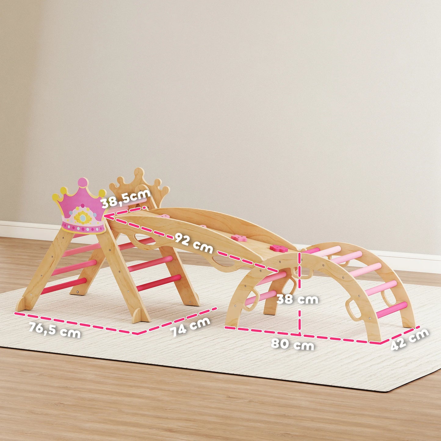 Triángulo Montessori de Madera 8 en 1 con Arco y Rampa – Rosa