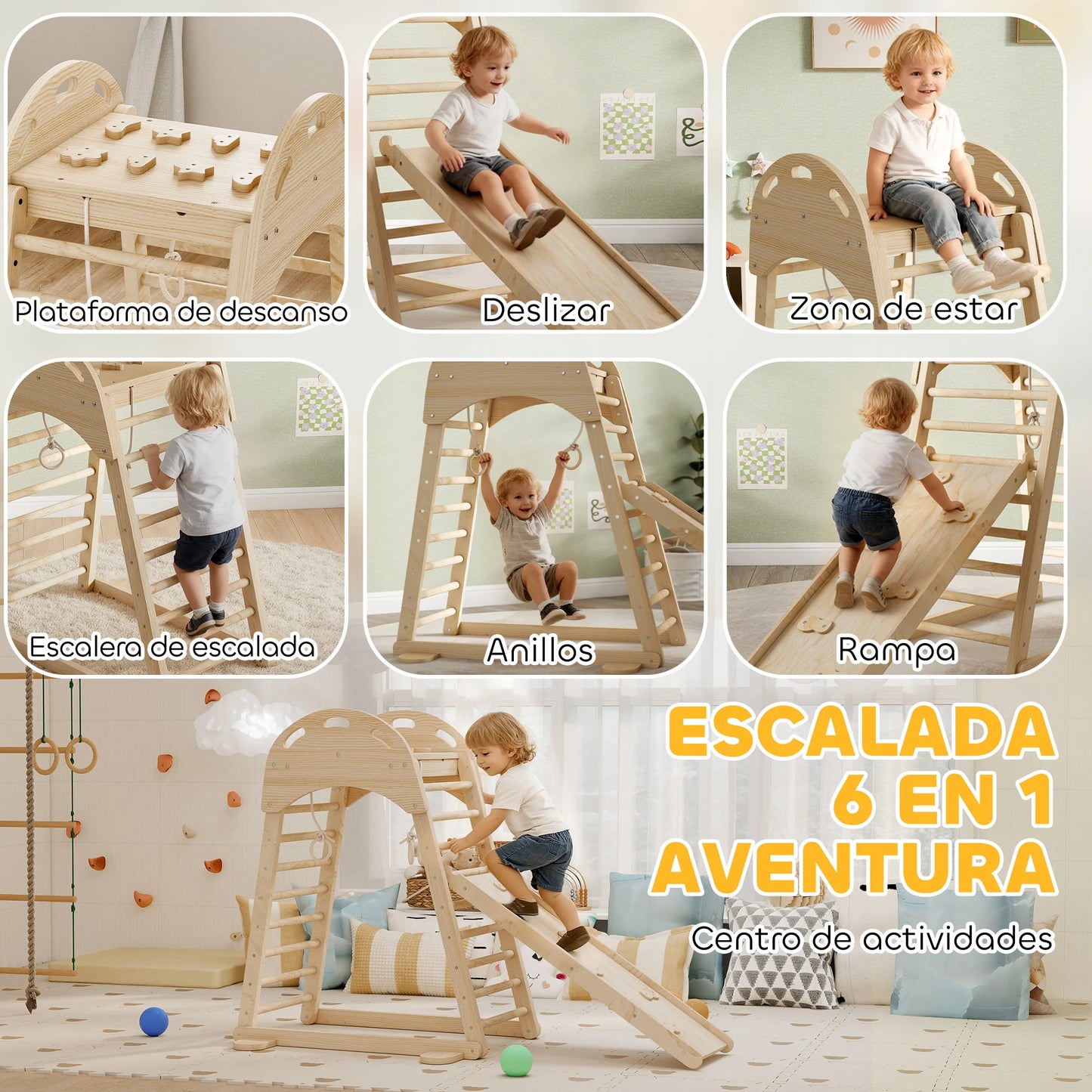 Juguete Montessori de Escalada 6 en 1 con Plataforma y Aros